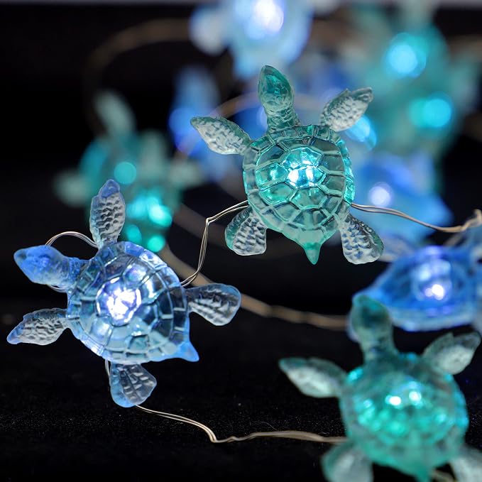 MIYA LIFE Blue Sea Turtle String Lights Battery Powered Summer Beach Decor with Remote Acrylic Sea Turtle Decor for Bathroom Shower Curtain
