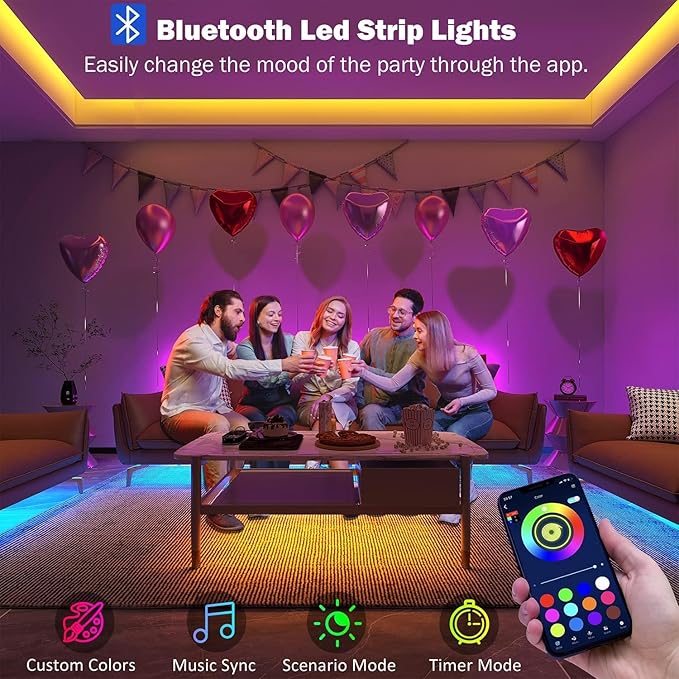 Leeleberd 50ft Led Strip Lights, Music Sync Color Changing Led Light Strips, App Control and Remote, Led Lights for Bedroom Living Room Party Home Decoration
