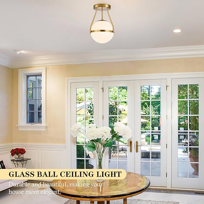 Bagood Globe Semi Flush Mount Ceiling Light Mid Century Modern Globe Ceiling Light Fixture with Milk Glass Shade Brass Finish for Living Room Hallway Kitchen Island Dining Room Laundry (Bulb Incl.)…