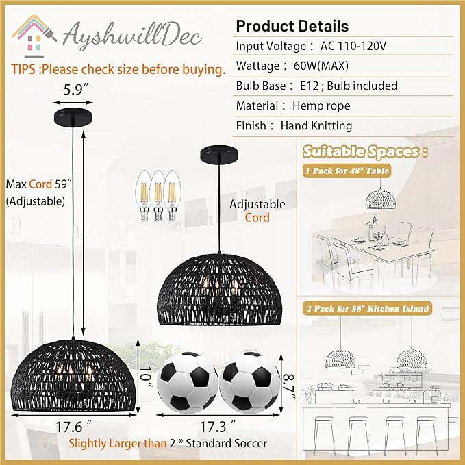 17.6” Black Woven Pendant Lights Boho Chandelier Light Fixture 3-Light Wicker Pendant Lights Rattan Light Pendant Dome Pendant Wicker Light Fixture for Dining Room Bedroom(Bulb Incl.