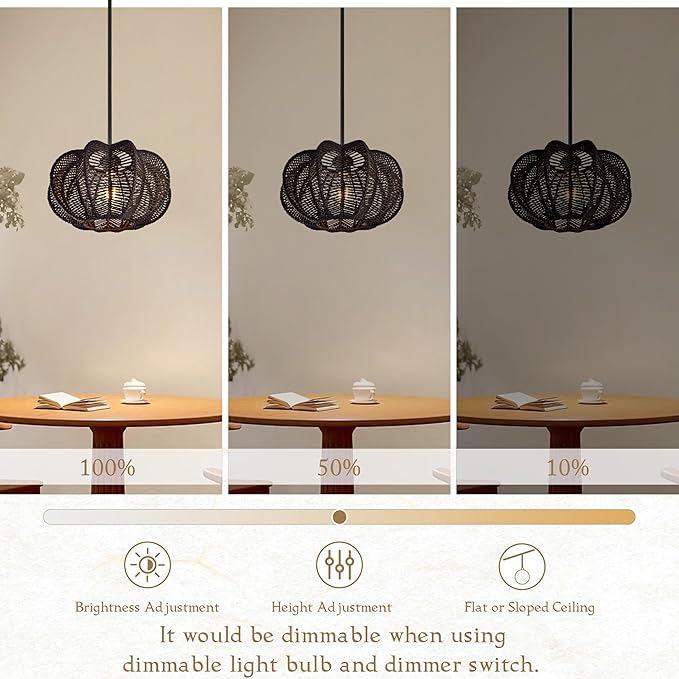 Black Rattan Pendant Light 12.6 in Rattan Light Fixture Wicker Chandelier Woven Pendant Light Boho Chandelier for Foyer
