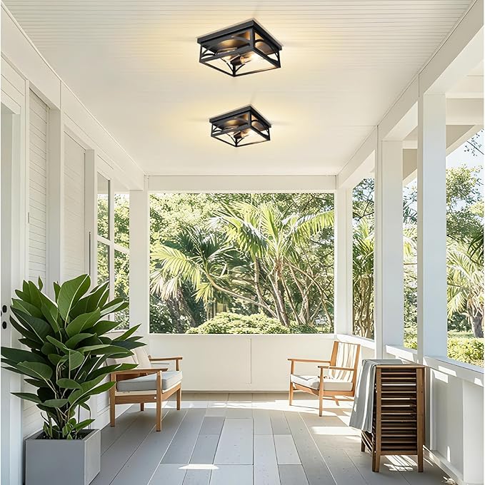 Black Square Flush Mount Ceiling Light, Farmhouse Ceiling Light Fixture for Hallway Porch Kitchen, 2-Light Outdoor Porch Ceiling Light, 1 Pack, 10 Inch, E26 Base(Bulbs Not Included)