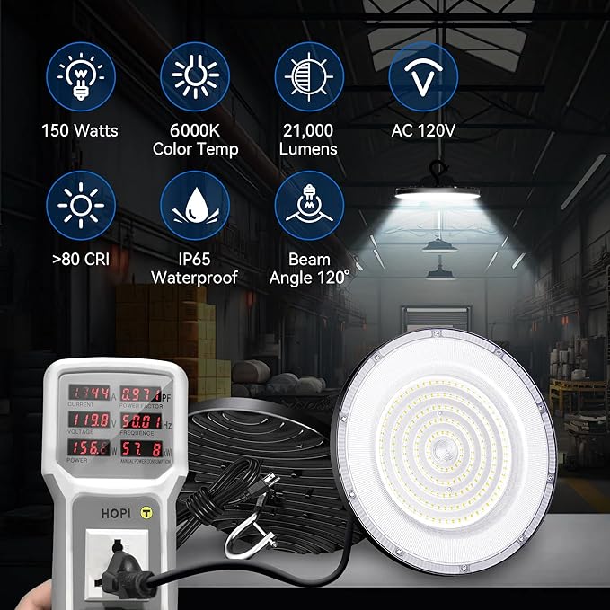4 Pack LED High Bay Light 150W, 21000lm, 6000K Daylight UFO High Bay LED Shop Lights with 5' Cable US Plug, IP65 Waterproof 120V Commercial Lighting Fixture for Warehouse Workshop Barn Factory