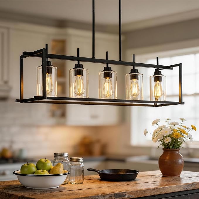 DSMJFU Black Farmhouse Rectangular Chandelier for Dining Room, 5-Light Linear Pendant Lighting, Rectangular Kitchen Island Light Fixture Over Table, Adjustable Height Chandelier Hanging Light