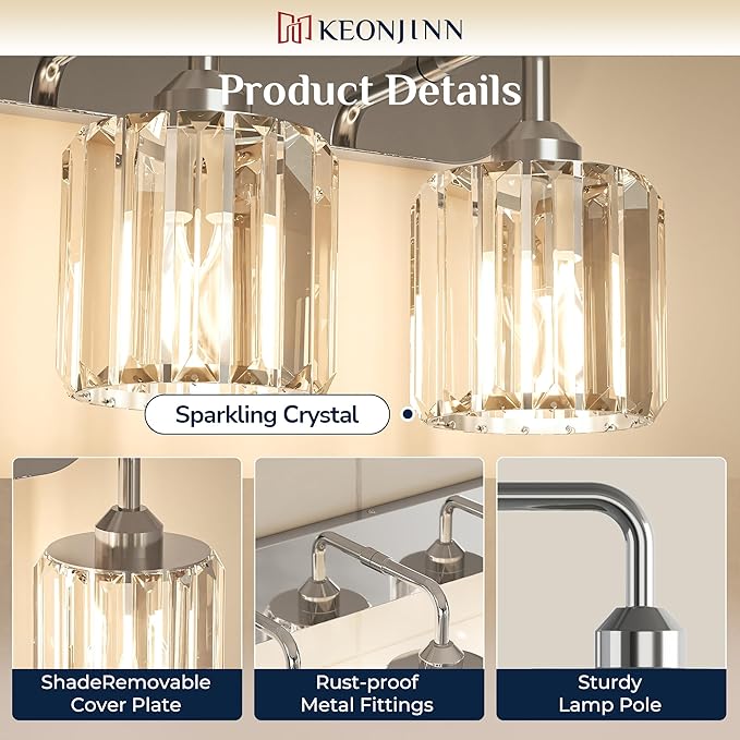 Keonjinn 6-Light Bathroom Light Fixtures, Crystal Chrome Bathroom Vanity Lights Over Mirror, Vanity Lighting Fixtures with Crystal Square Shades (E26 Socket, Exclude Bulb)