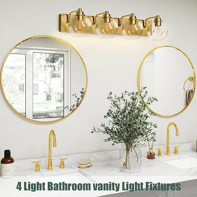 Espird 4 Light Bathroom Light Fixtures-Brushed Gold Bathroom Vanity Lights, Modern Vanity Lights 4-Light Bathroom Lighting Fixtures Over Mirror with Clear Glass Globe Shade