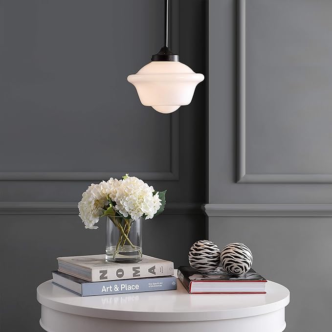 JONATHAN Y 9.5" Oil Rubbed Bronze Modern Schoolhouse LED Pendant Light Fixture, Adjustable Drop Metal Hanging Lamp with White Glass Shade for Kitchen Island, Dining Room, Foyer (JYL3517C)