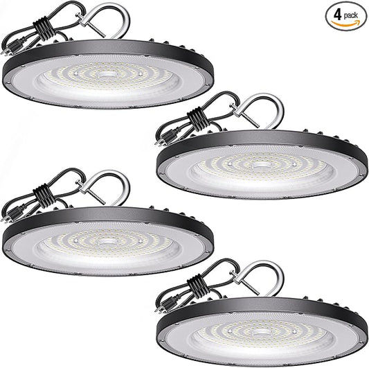 4 Pack UFO LED High Bay Light 150W(600W MH/HPS Equiv.), 21000lm, 5000K Daylight High Bay LED Shop Lights with 5' Cable US Hook, IP65 Commercial Light Fixture for Warehouse Workshop Barn Factory