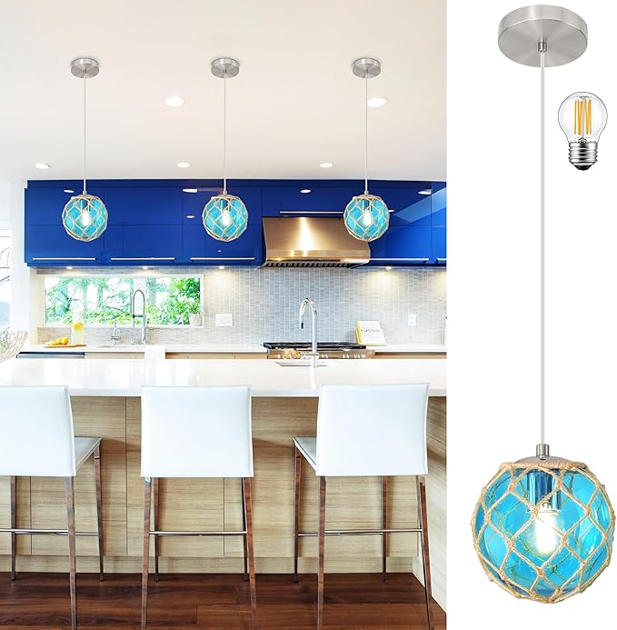 6" Blue Coastal Pendant Light Kitchen Island,Glass Globe Ocean Ceiling Light Fixture Beach House,Dimmable Hemp Rope Light Fixture Hanging For Bathroom Living Room Farmhouse Entry Bedroom(Bulb Incl.