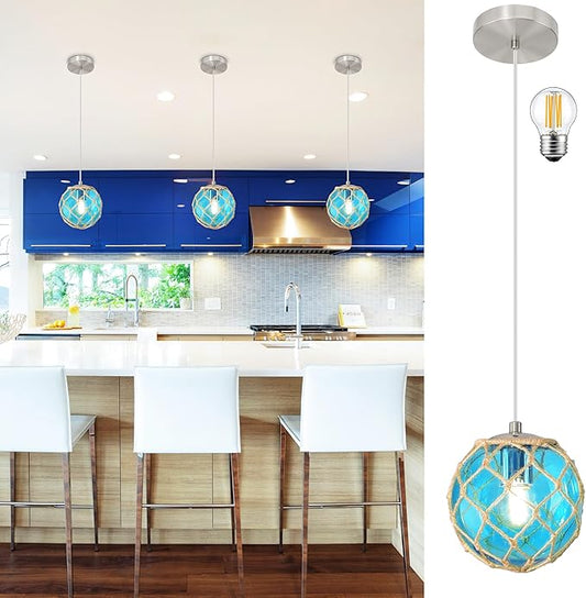6" Blue Coastal Pendant Light Kitchen Island,Glass Globe Ocean Ceiling Light Fixture Beach House,Dimmable Hemp Rope Light Fixture Hanging For Bathroom Living Room Farmhouse Entry Bedroom(Bulb Incl.