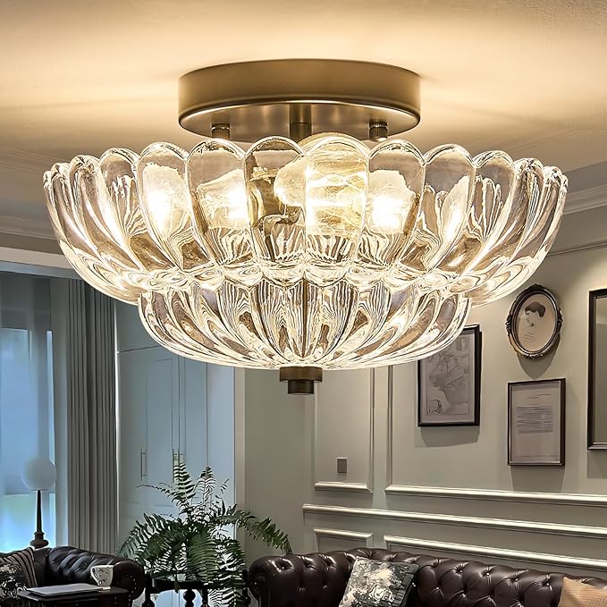 3-Lights Mid Century Modern Vintage Semi Flush Mount Ceiling Light Fixture,Black Surface Treatment,Clear Flower Glass,for Hallway Bedroom Bathroom Foyer Closet Entryway Laundry Room(11.81 in)