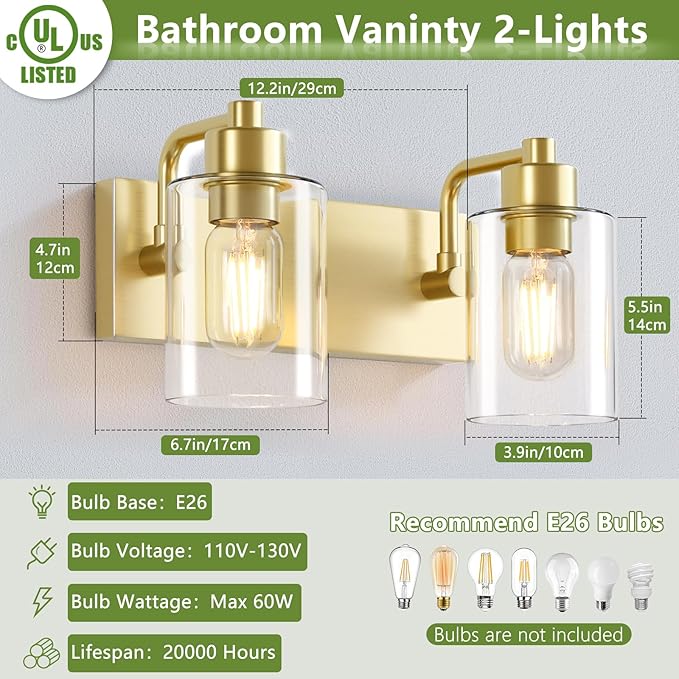 Dpyrrhic Gold Bathroom Light Fixtures,2-Light Bathroom Lights Over Mirror with Clear Glass Shade,Gold Light Fxiture Wall Sconces for Kitchen Living Room Bedroom