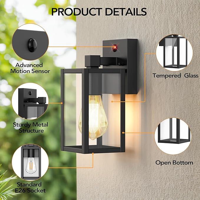Motion Sensor Outdoor Wall Lights, Dusk to Dawn Outdoor Porch Lights For House, 2 Pack Exterior Lighting Fixtures with E26 Sockets, Black Wall Mounted Waterproof Outside Lanterns For Garage Entryway