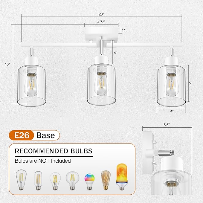 Track Lighting Kit, Track Lighting Fixtures Ceiling Kitchen, 23" White 3-Light Ceiling Spotlight with Clear Glass Shade, Rotatable Track Head, White Wall Lamp for Island, Vanity(E26 Base, No Bulb)