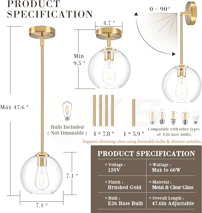 7 Inch Brass 2-Pack Modern Pendant Lights Kitchen Island Mid Century Modern Pendant Light Fixtures with Clear Glass Globe Modern Hanging Pendant Light for Bathroom Bedroom （Bulb Incl）