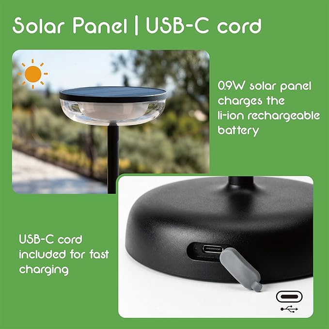 Cocktail Style Solar Table Lamp – Cordless LED Light with USB-C Charging, Dimmable Warm 2700K Glow, Weather Resistant for Indoor/Outdoor Use – Black, 1 Pack