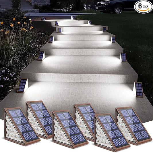 NIORSUN Solar Stair Lights,Cool White Outdoor Step Lights IP67 Waterproof Auto On Off, Outdoor Stair Lights for Steps,Stair,Patio,Yard,Porch,Front Door,Sidewalk,Deck Decor（Brown, 6 Pack）