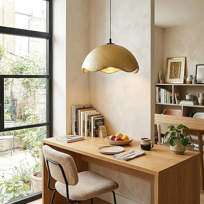 JAYMP 15.7" Modern Pendant Light for Dining Room Kitchen Island Light Hanging Lamp E26 Base Japanese Wabi-Sabi Style Bird Nest Shape Lighting Fixture, 1 Pack (Matte Gold,D Shape, 40cm/15.7inch)