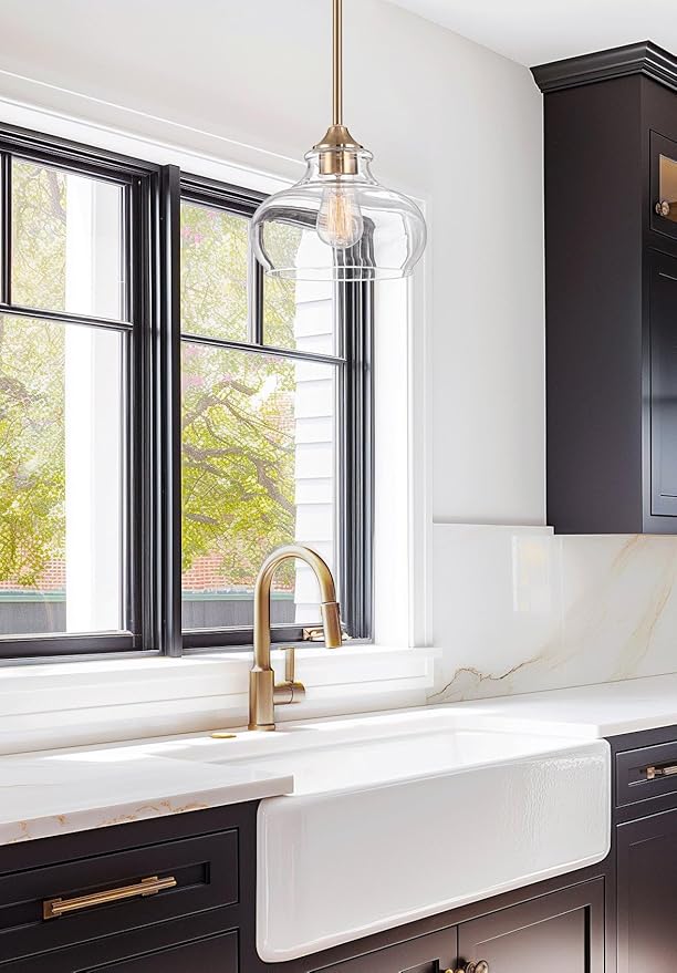 Kira Home Harlow 9" Modern Schoolhouse Pendant Light with Clear Glass Shade, Industrial Farmhouse Gold Hanging Light with Schoolhouse Glass, Cool Brass Finish