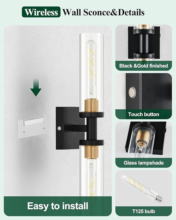 Black and Gold Wireless Battery Operated Wall Sconces Set of 2, Glass Rechargeable Wall Lamps with Remote, Cordless Battery Powered Decor Light Fixture for Bathroom Living room Bedroom Hallway