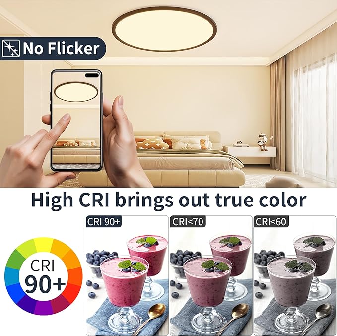 20 Inch Flush Mount Ceiling Light with Remote, 45W Dimmable LED Fixture 4500LM, 3000K-6500K Adjustable, Round Ceiling Lamp for Bedroom, Kitchen, Living Room, Dining Room, Bathroom, Black