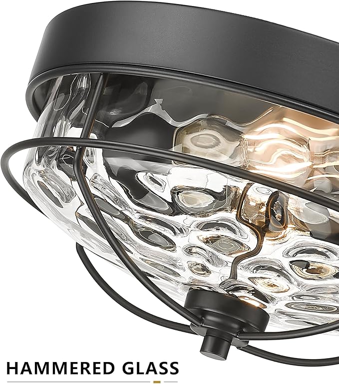 Black Flush Mount Ceiling Light, HWH 12 inch 2-Light Farmhouse Close to Ceiling Light Fixture in Matte Black Finish with Water Ripple Hammered Glass, Kitchen Bedroom Laundry Foyer, 5HTJ7WG-F BK