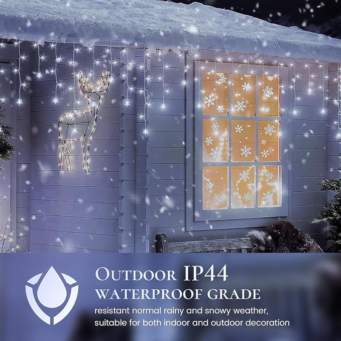 oopswow 16.5FT 200 LED Icicle Lights Outdoor, White Icicle Curtain Light,40 Drops 8 Modes with Timer Star Light,Hanging String Lights for Backdrop,Wedding,Party, Holiday,Xmas Decor,White