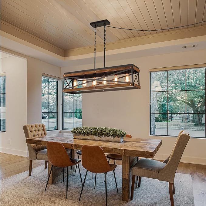 Rustic Farmhouse Plug in Kitchen Island Lighting, 6 Lights Rectangular Pendant Light Fixture with Adjustable Chain, Dimmable Switch, Oak Wood and Metal Linear Chandelier for Dining Room Home, Black