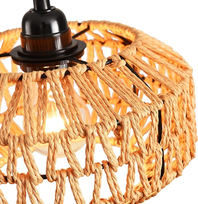 2 Pack Plug in Pendant Light Rattan Hanging Lamp with Switch,Mini Rattan Boho Semi Flush Mount Ceiling Light,Hand Woven Hallway Light Fixtures for Bedroom Entryway