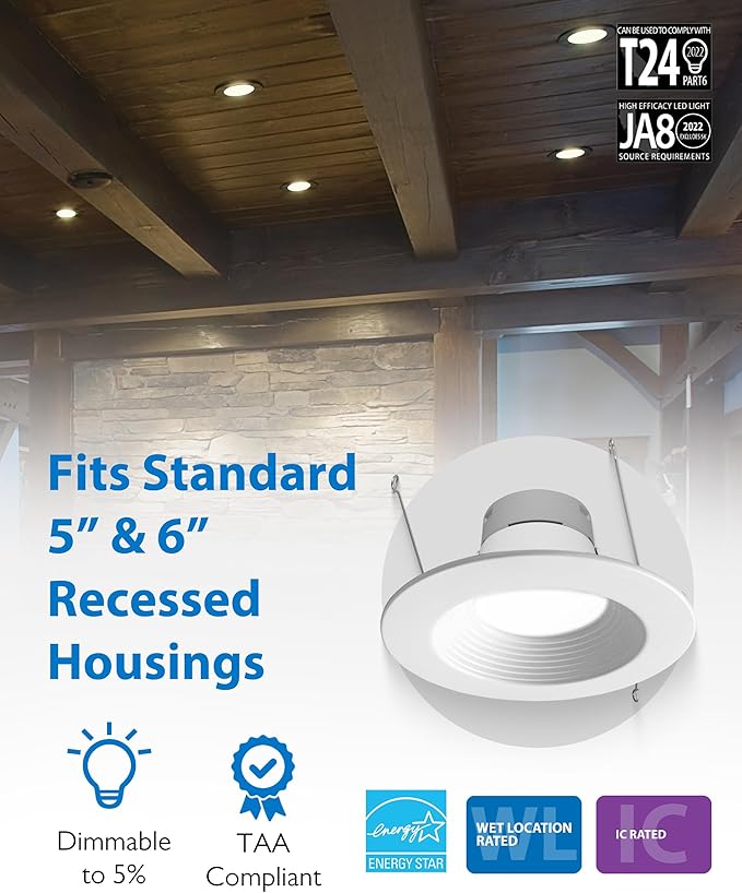Recessed Ceiling Lights LED Downlight - 5/6 inch LED Recessed Light Fixtures - Selectable CCT 2700K-5000K, 918 Lumens, 10.3W - DLR56 Retrofit Ceiling Light, White Baffle, 1-Pk by NICOR Lighting