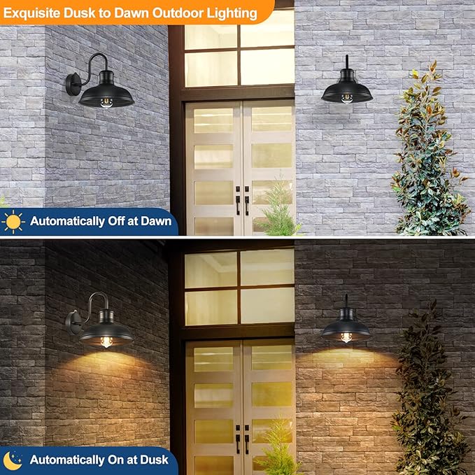 2-Pack Dusk to Dawn Outdoor Wall Sconces, Exterior Farmhouse Gooseneck Barn Light, Vintage Matte Black Outside Wall Mount Light Fixture, Anti-Rust Waterproof Outdoor Light for House Porch Garage