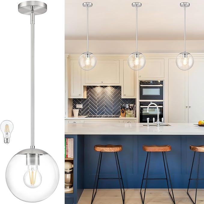 Bagood 8 Inch Globe Pendant Light Nickel Globe Pendant Lights Kitchen Island Mid Century Light Fixture with Hight Clear Glass Contemporary Adjustable Hanging Lights for Dining Room (Bulb Included)