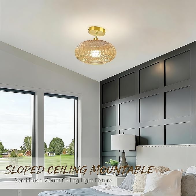 Semi Flush Mount Ceiling Light Fixture,Sloped Ceiling Light Fixture,Small Hallway Light Fixtures,Amber Glass Ceiling Fixture,Kitchen Ceiling Light Fixture,Vintage Ceiling Lighting for Porch Entryway