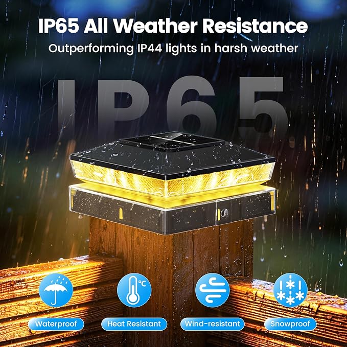 Solar Post Cap Lights 6 Pack, IP65 Waterproof Outdoor Fence Post Solar Lights for 3.5x3.5 & 4x4 Wood/Vinyl Posts, 10-12 Hours Upgraded Warm/Cool White Glow for Garden/Patio/Porch - Black