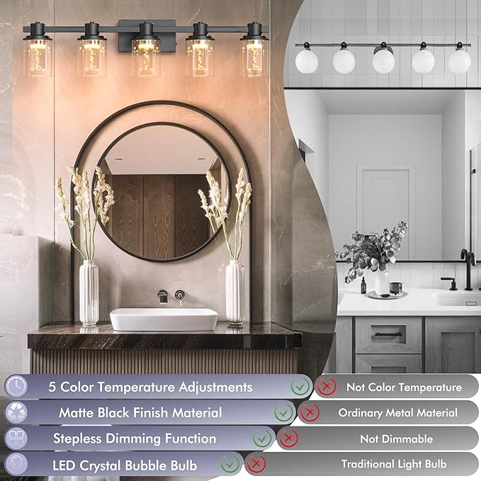 Quntis 5-Light Black Bathroom Light Fixtures with 5 Color Modes, 33 Inch Dimmable Modern Vanity Lighting Fixture Over Mirror, 35 Watts Eye Protection LED Wall Lamp (UL Certified, Bulbs Included)