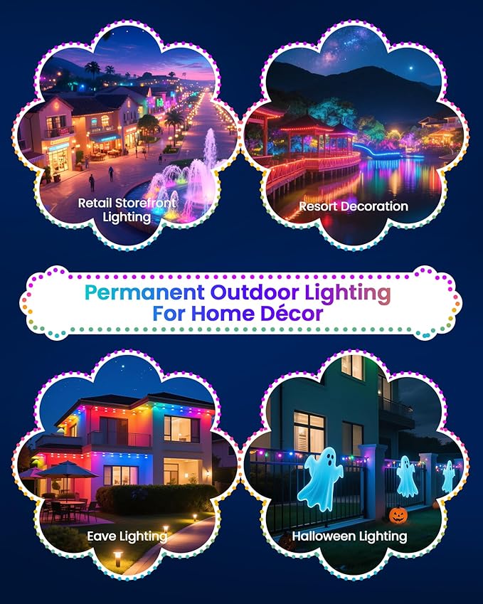 KISUFU 200FT RGB+IC Permanent Outdoor Lights, 24V Year-Round Roof & Eaves Lighting with 221 Modes, App & Remote Control, IP68 Waterproof, Smart Outside Lights for Valentine, Christmas, Holidays