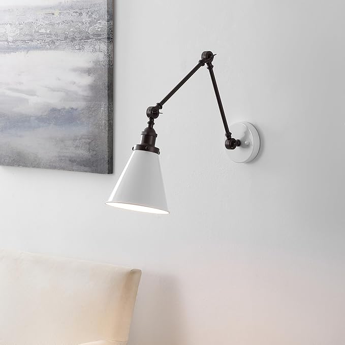 JONATHAN Y 7" White/Oil Rubbed Bronze Classic Industrial Metal Adjustable Arm LED Wall Sconce for Bedside Reading, Farmhouse Swing Arm Wall Lamp with Metal Shade, Hardwired (JYL7462C)