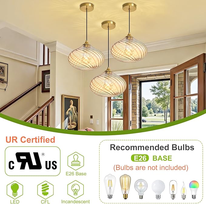 Glass Pendant Lights Kitchen Island, 11'' Gold Pendant Lighting Fixtures, Modern Hanging Ceiling Light with Striped Amber Glass Shade for Farmhouse Dining Room Bedroom Hallway(1 Pack)