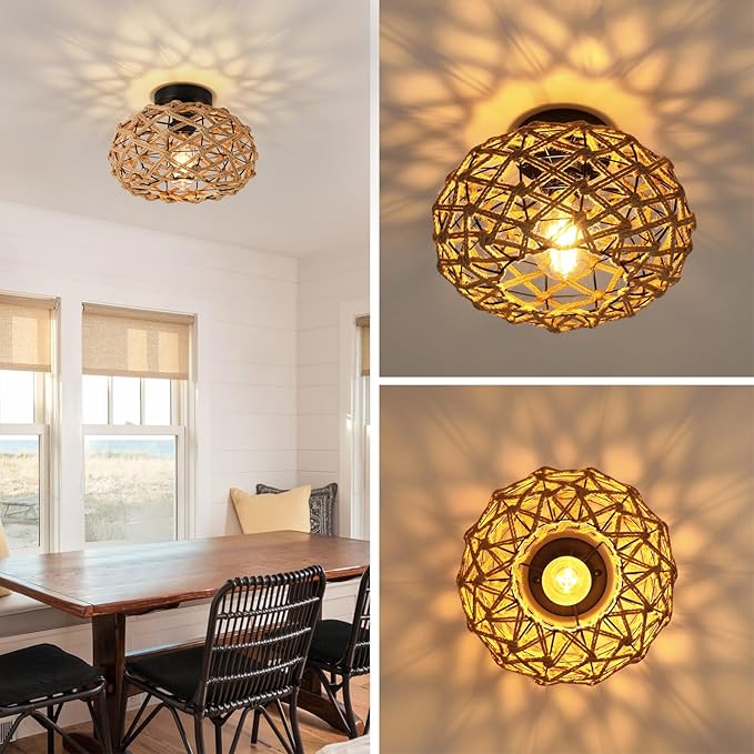 Rattan Ceiling Light Fixtures, Woven Wicker Semi Flush Mount Ceiling, Coastal Boho Rattan Light for Farmhouse Bedroom Hallway Entryway Kitchen
