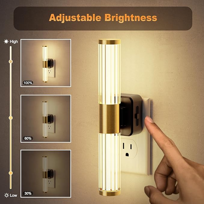JandCase Night Light, Night Lights Plug into Wall, Soft White 3000K, 0-100LM Dimmable Night Light, Vanity Light Bar for Hallway, Bathroom, Rooms[2 Pack]