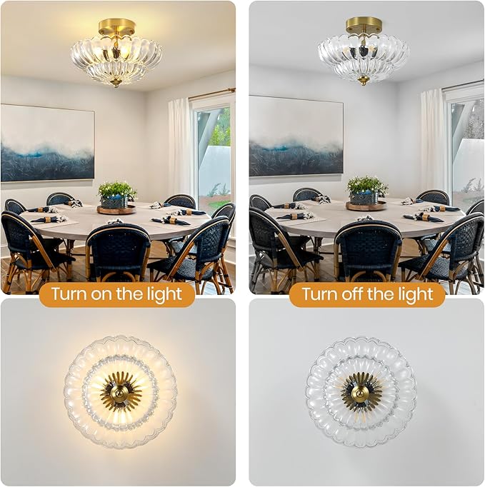 Vintage Semi Flush Mount Ceiling Light Fixture,3-Light Mid Century Modern Glass Close to Ceiling Light Fixtures for Bedroom Hallway Foyer Entryway Kitchen Laundry Room Nursery