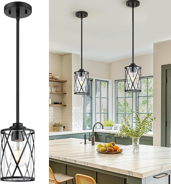 Beionxii Glass Pendant Lights Kitchen Island, Black Modern Kitchen Pendant Lighting Over Island, Farmhouse Industrial Cage Hanging Lighting with Clear Glass for Sink, Dining Room, BX-PL07BK