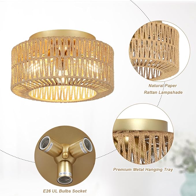 Boho Light Fixtures, 3-Light Farmhouse Rattan Ceiling Light, Flush Mount with Hand-Woven Shade, Modern Chandelier for Living, Bedroom, Entryway, Kitchen, Nursery