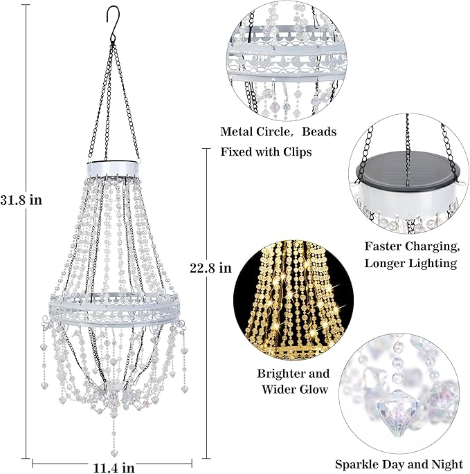 Hanging Solar Lantern Outdoor Chandelier, Waterproof Modern Crystal Acrylic Pendant Light with Warm White LED S Hook Gifts for Women Garden Decor Light for Gazebo, Patio, Yard, Party, Wedding