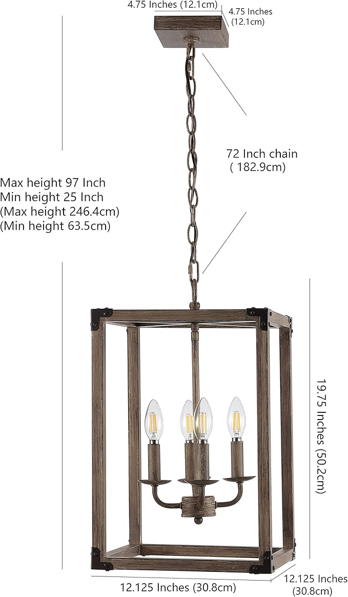 JONATHAN Y 12" Brown/Oil Rubbed Bronze Rustic Farmhouse 4-Light LED Pendant, Adjustable Iron Lantern Chandelier for Kitchen Island, Barnwood Wood Grain Finish JYL7475A