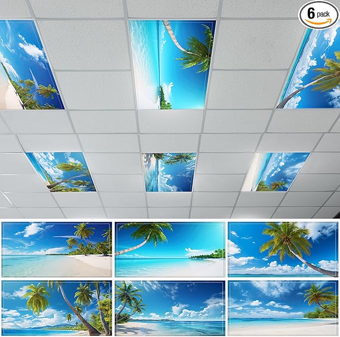 6 Pcs Fluorescent Light Covers with 60 Magnets Decorative for Classroom Ceiling Lights 4 x 2 Feet Magnetic Light Cover Filter Easy Install for Hospitals Drop Home Office Ceiling Supply(Coconut Tree)