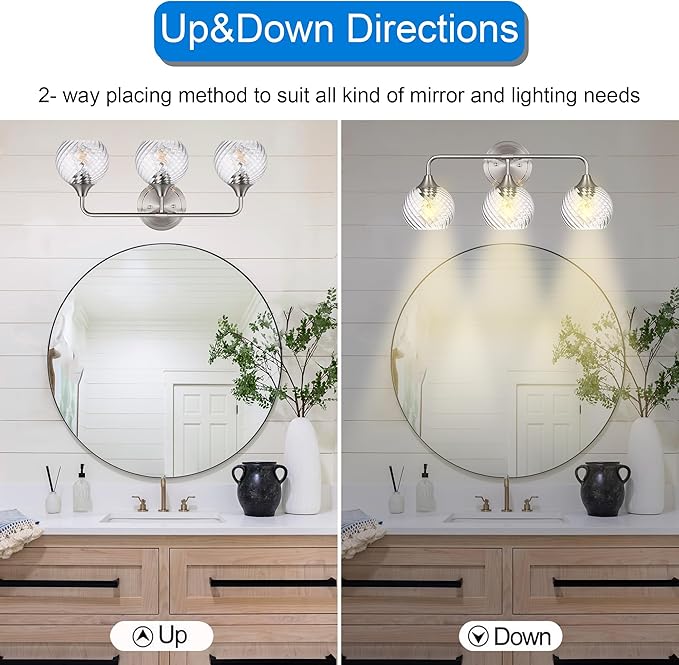 MELUCEE 3 Lights Modern Vanity Lights Over Mirror, Brushed Nickel Bathroom Lighting Fixtures with Clear Striped Swirl Glass Shade, Metal Wall Mount Lamp for Mirror, Bathroom Living Room Workshop