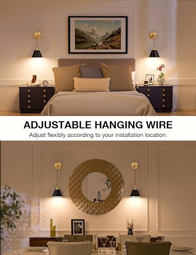 NIORSUN Gold & Black Battery Operated Wall Sconce Set of 2, 5200mAh Dimmable Detachable Bulbs and Remote Wireless Rechargeable Wall Lights, 9 Colors Sconces Wall Decor for Bedroom Living Room Hallway