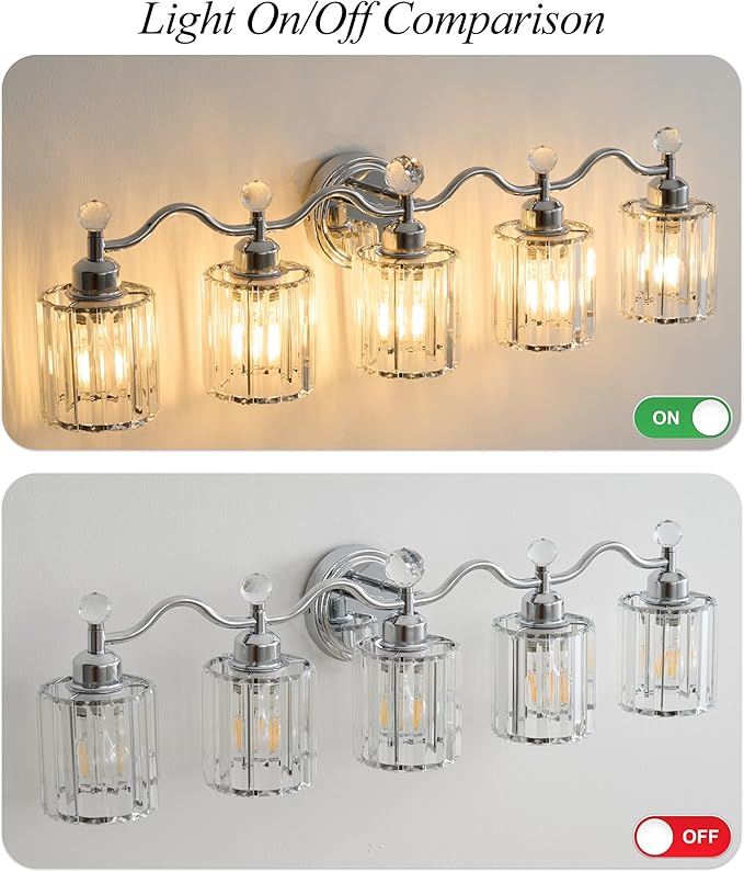 Bathroom Vanity Light, Modern Crystal Bathroom Ligth Fixture, Chrome 5 Light Vanity Lights, Light Fixtures Above Mirror, Wall Lamp for Mirror Living Room Cabinet Bedroom Porch