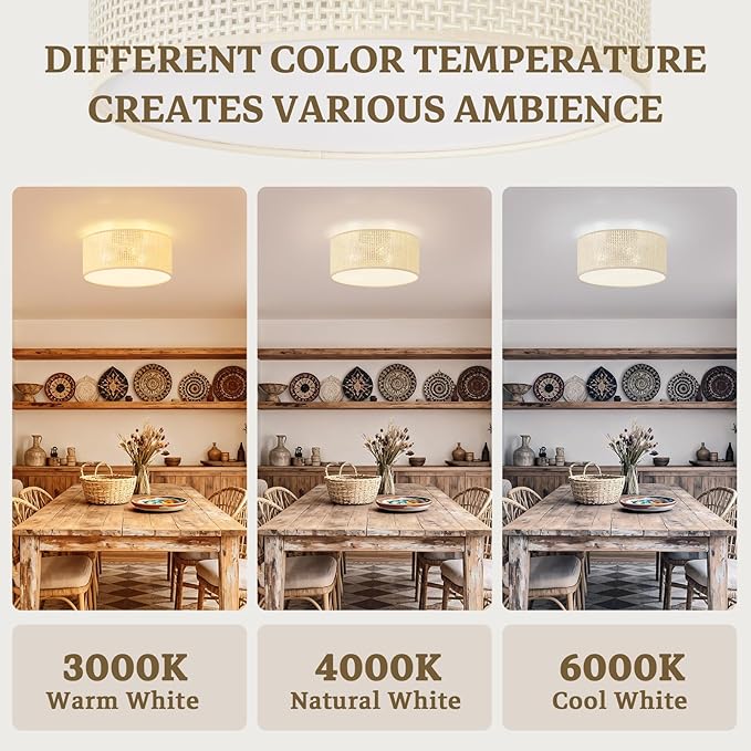 13Inch Boho Semi Flush Mount Ceiling Light,Natural Woven Drum 3-Light Ciling Fixture for Bedroom,Living Room,Dining Room,Kitchen,Hallway,Entryway,Coastal and Scandinavian Style Lighting